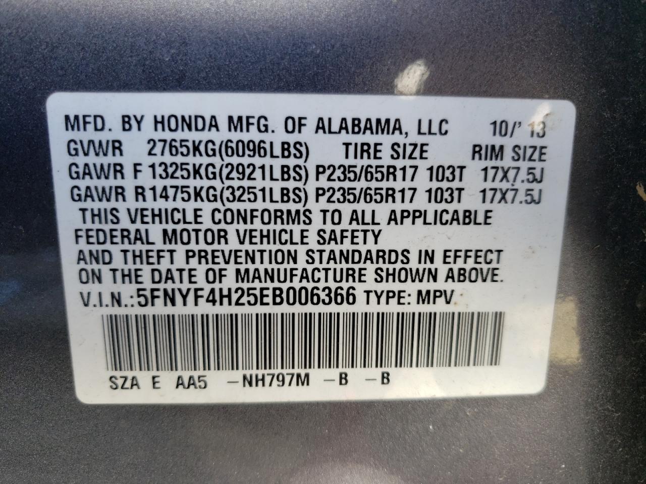 Photo 10 from auction – 2014 HONDA PILOT LX with VIN 5FNYF4H25EB006366