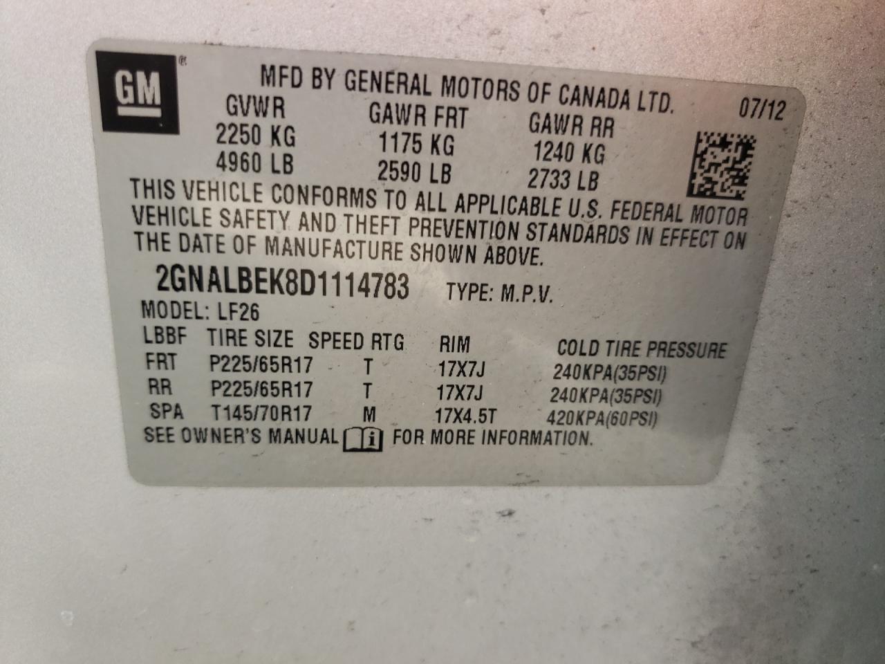 Photo 10 from auction – 2013 CHEVROLET EQUINOX LS with VIN 2GNALBEK8D1114783