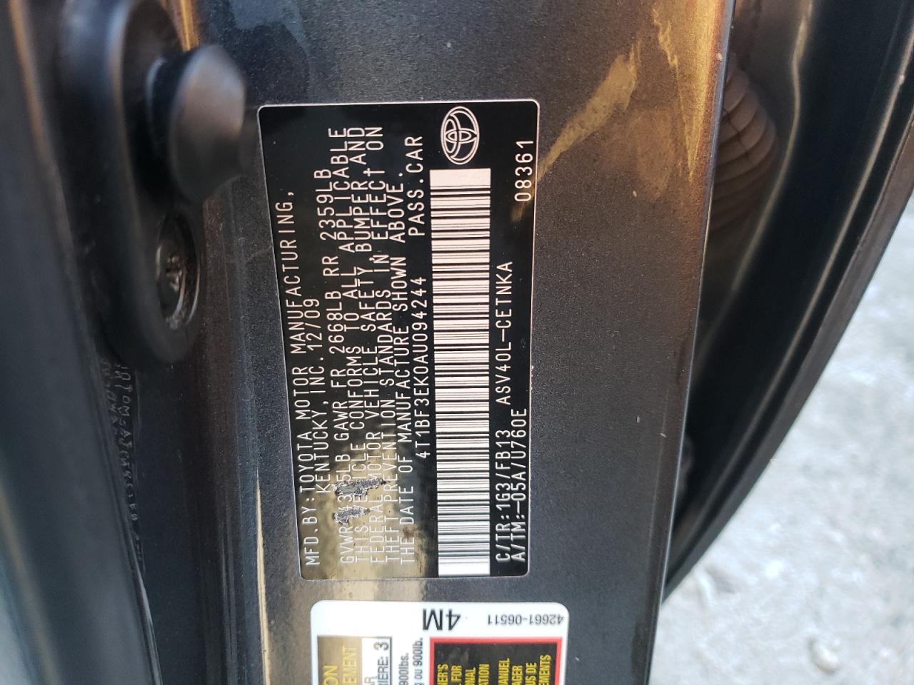 Photo 10 from auction – 2010 TOYOTA CAMRY BASE with VIN 4T1BF3EK0AU094244