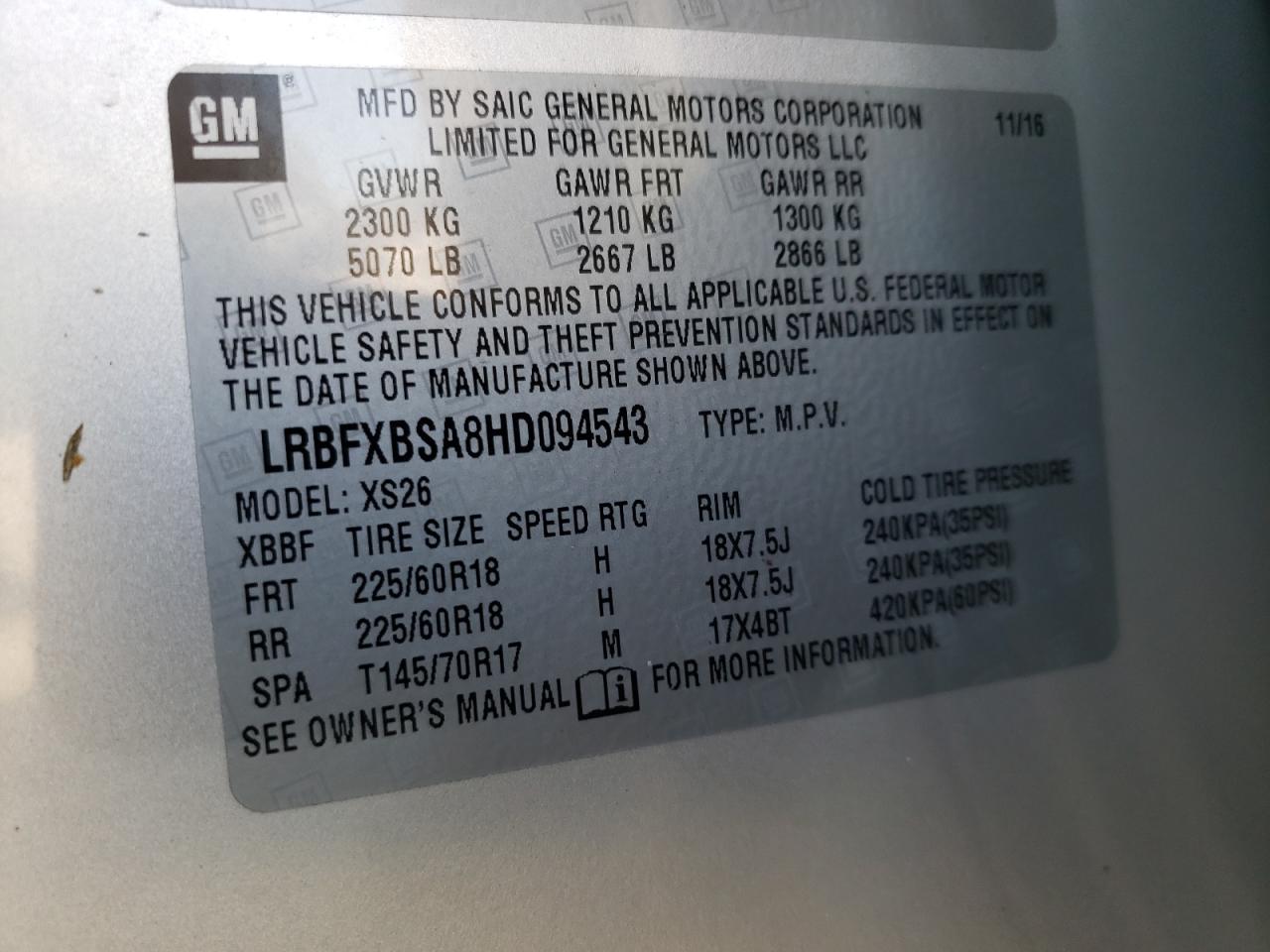 Photo 10 from auction – 2017 BUICK ENVISION E with VIN LRBFXBSA8HD094543