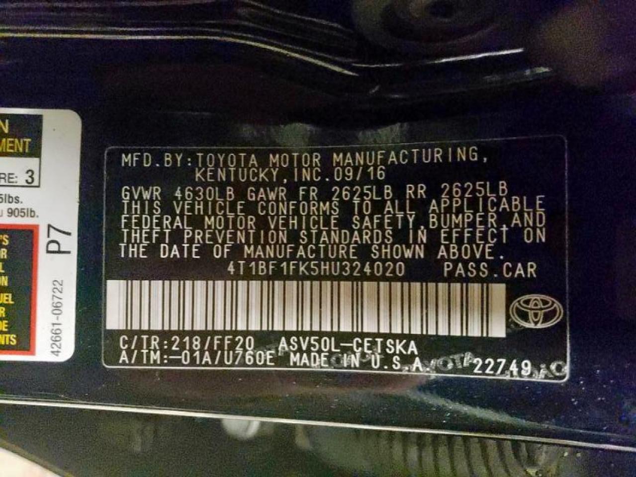 Photo 10 from auction – 2017 TOYOTA CAMRY LE with VIN 4T1BF1FK5HU324020