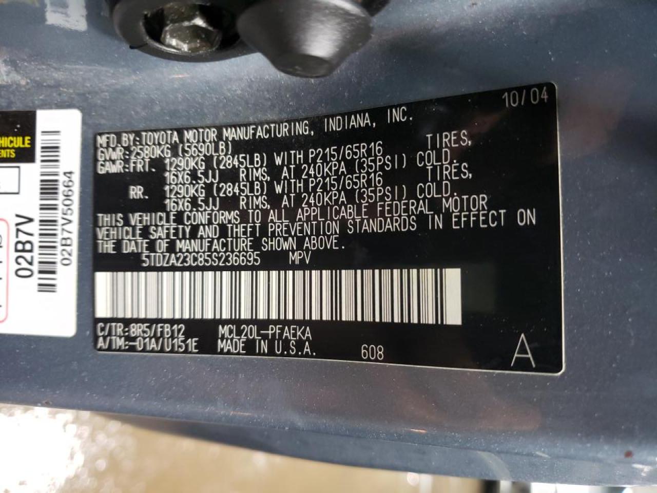 Photo 10 from auction – 2005 TOYOTA SIENNA CE with VIN 5TDZA23C85S236695
