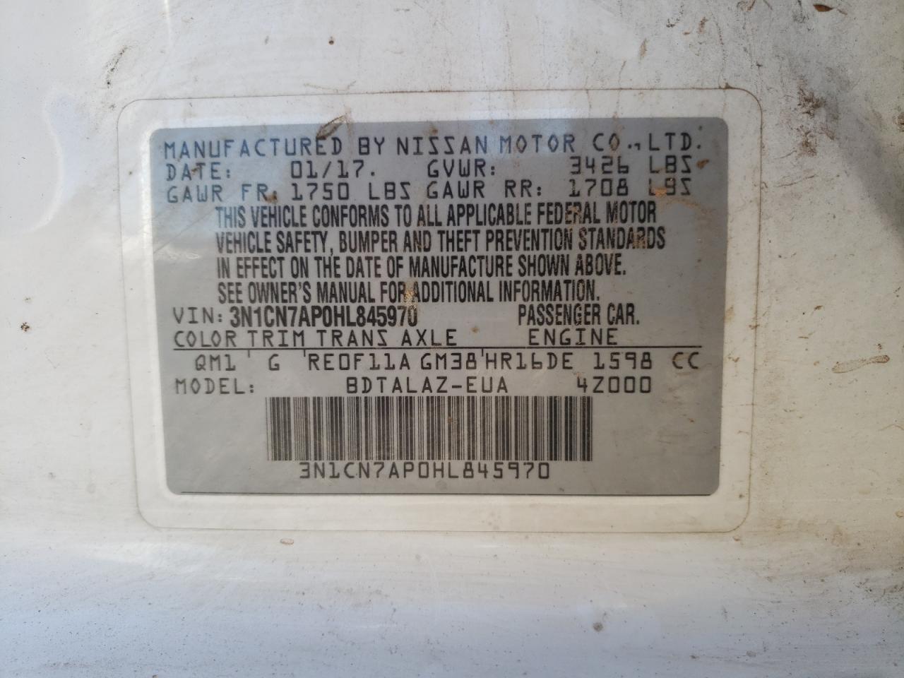 Photo 10 from auction – 2017 NISSAN VERSA S with VIN 3N1CN7AP0HL845970