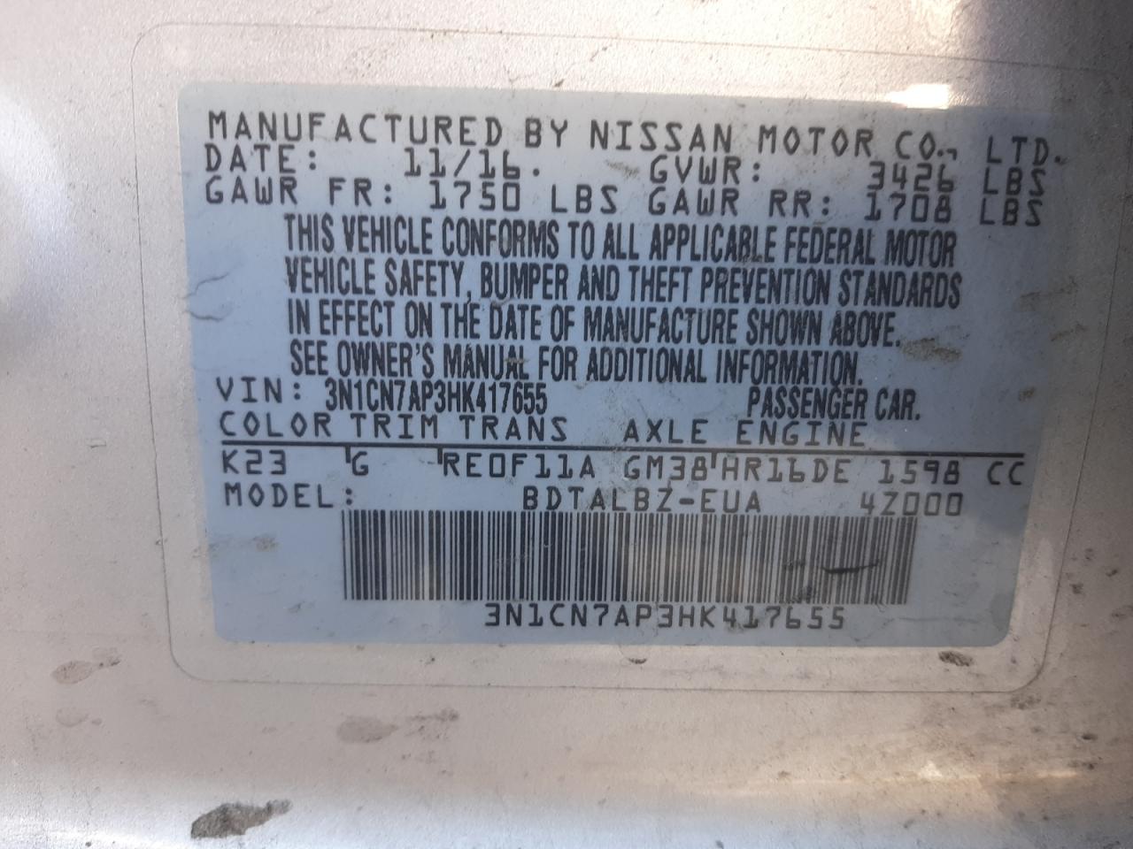 Photo 10 from auction – 2017 NISSAN VERSA S with VIN 3N1CN7AP3HK417655
