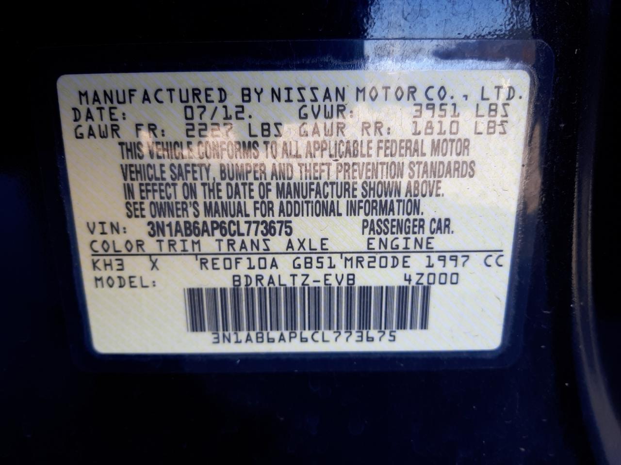 Photo 10 from auction – 2012 NISSAN SENTRA 2.0 with VIN 3N1AB6AP6CL773675