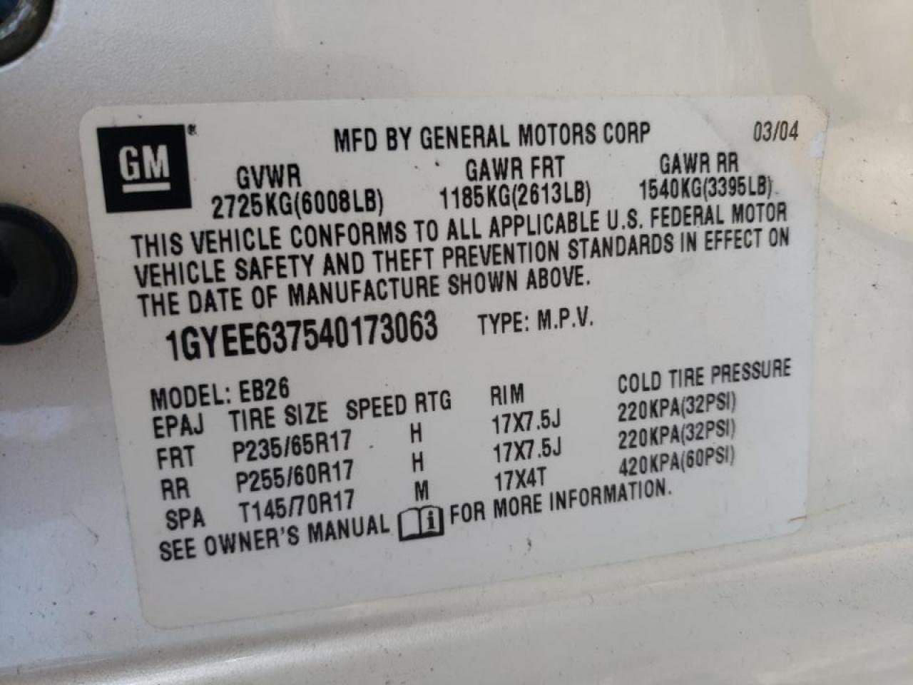 Photo 10 from auction – 2004 CADILLAC SRX with VIN 1GYEE637540173063