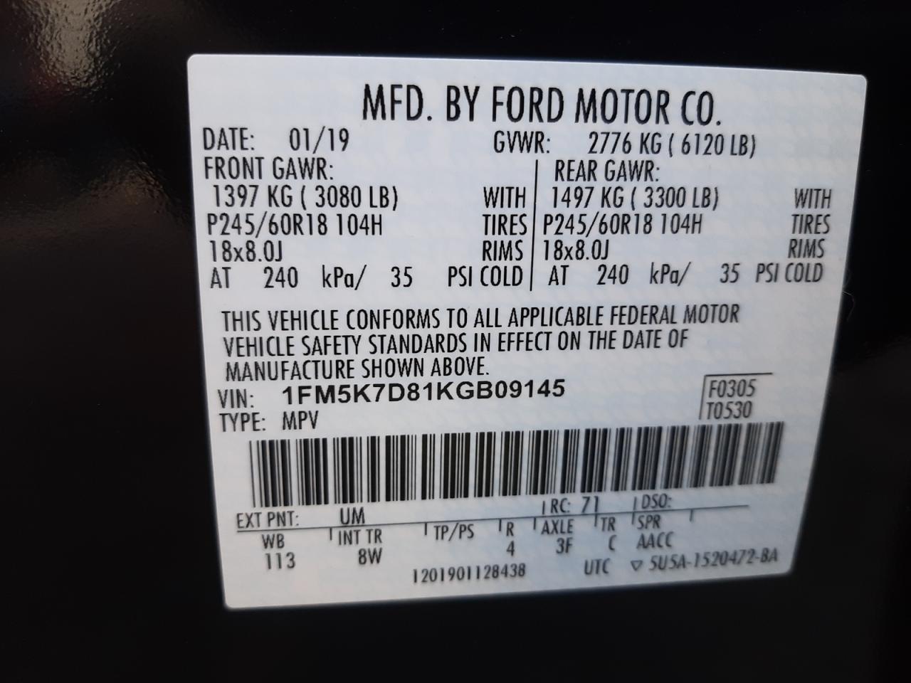 Photo 10 from auction – 2019 FORD EXPLORER X with VIN 1FM5K7D81KGB09145