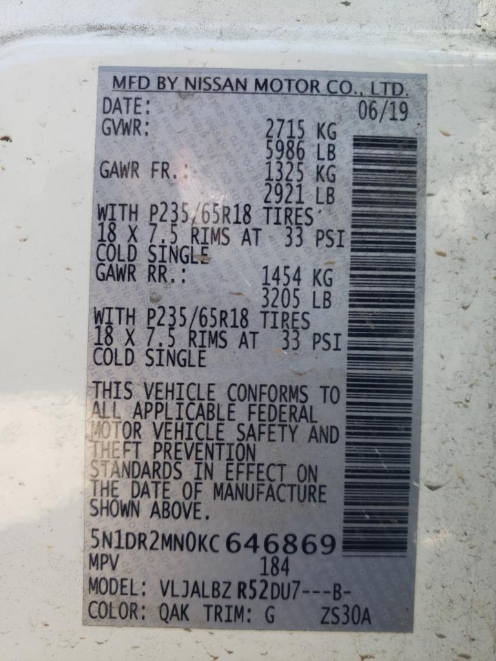 Photo 10 from auction – 2019 NISSAN PATHFINDER with VIN 5N1DR2MN0KC646869