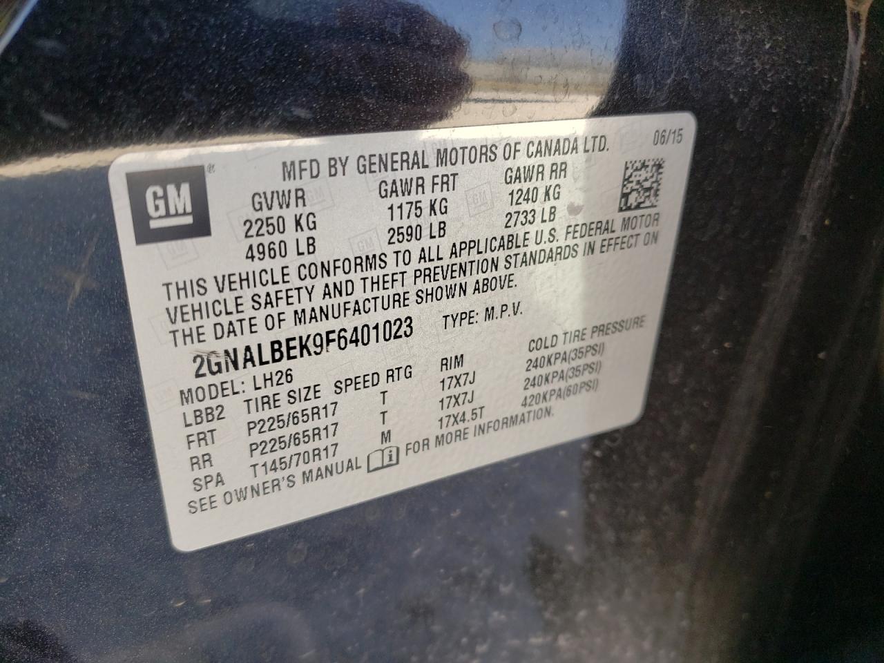 Photo 10 from auction – 2015 CHEVROLET EQUINOX LT with VIN 2GNALBEK9F6401023