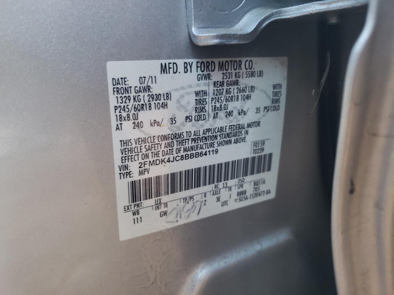 Photo 10 from auction – 2011 FORD EDGE SEL with VIN 2FMDK4JC8BBB64119
