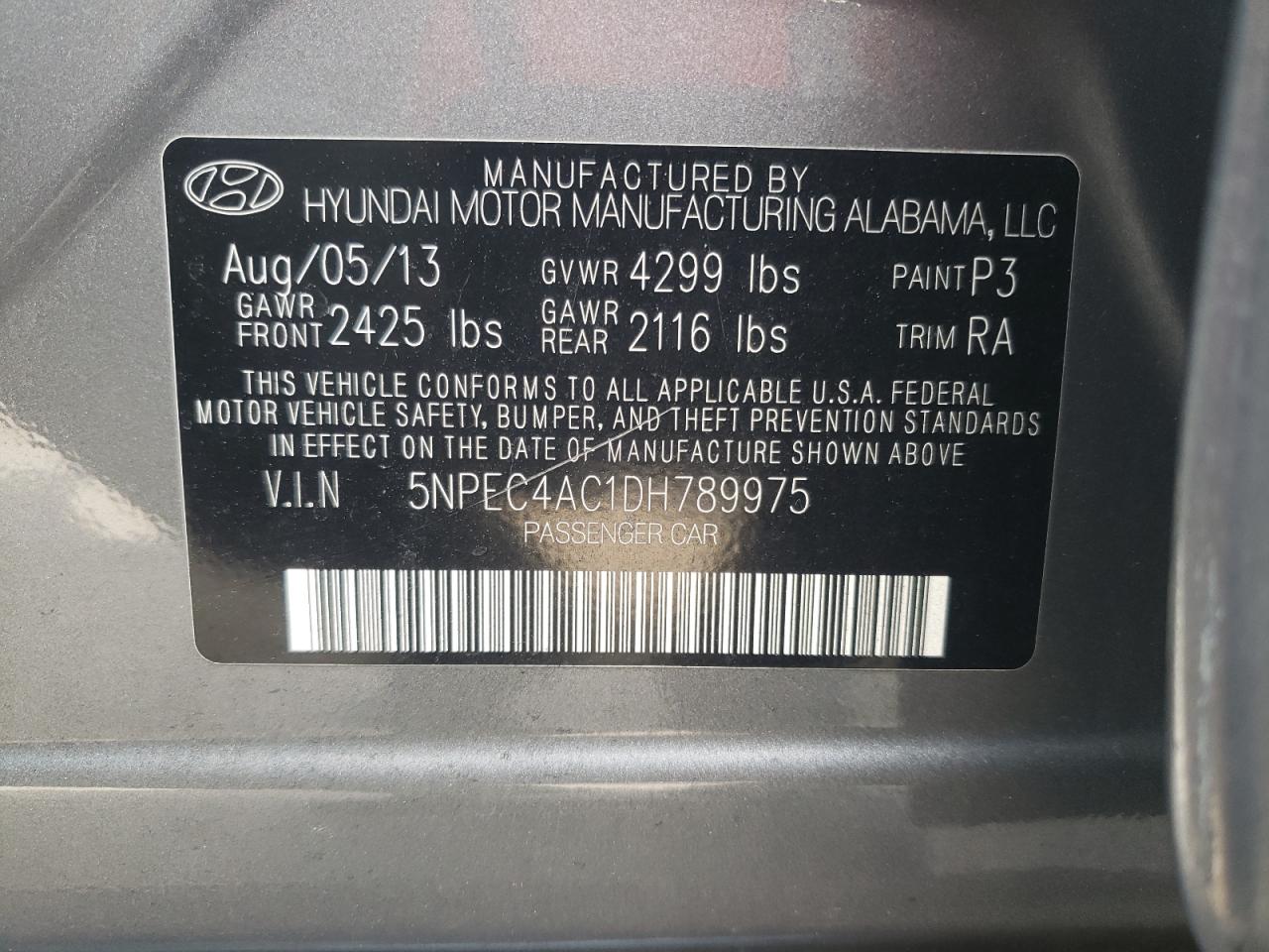 Photo 10 from auction – 2013 HYUNDAI SONATA SE with VIN 5NPEC4AC1DH789975