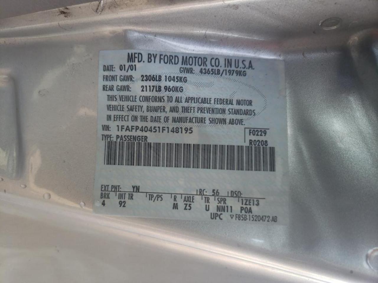 صورة رقم 10 من المزاد - 2001 FORD MUSTANG مع VIN 1FAFP40451F148195