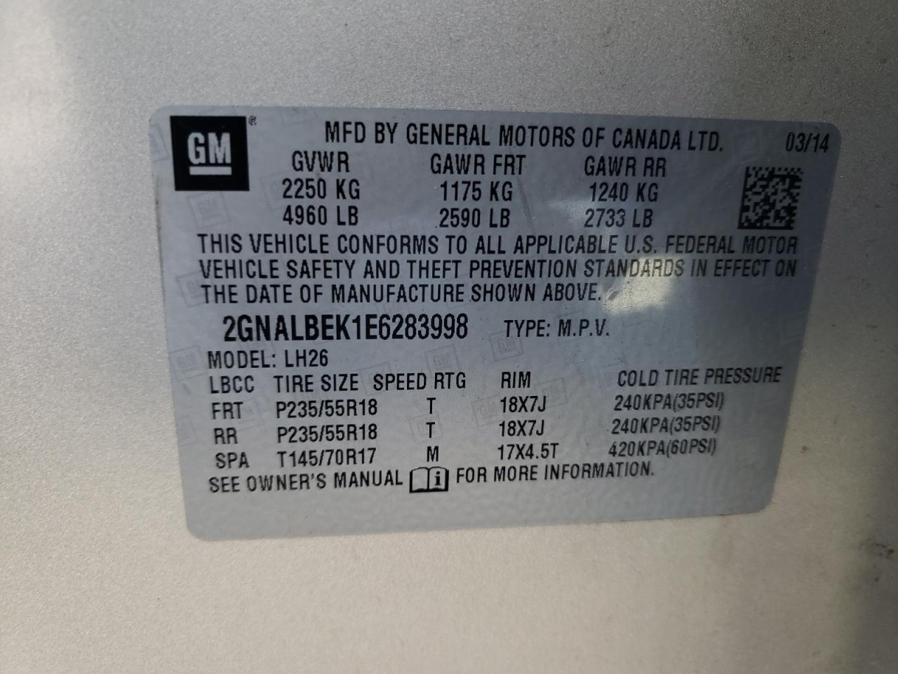 Photo 10 from auction – 2014 CHEVROLET EQUINOX LT with VIN 2GNALBEK1E6283998