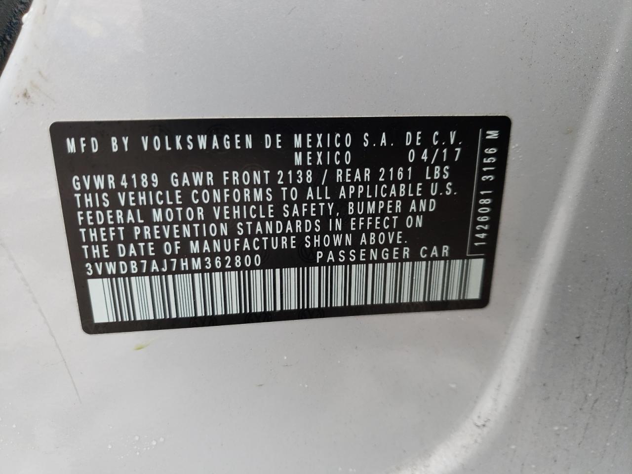 Photo 10 from auction – 2017 VOLKSWAGEN JETTA SE with VIN 3VWDB7AJ7HM362800