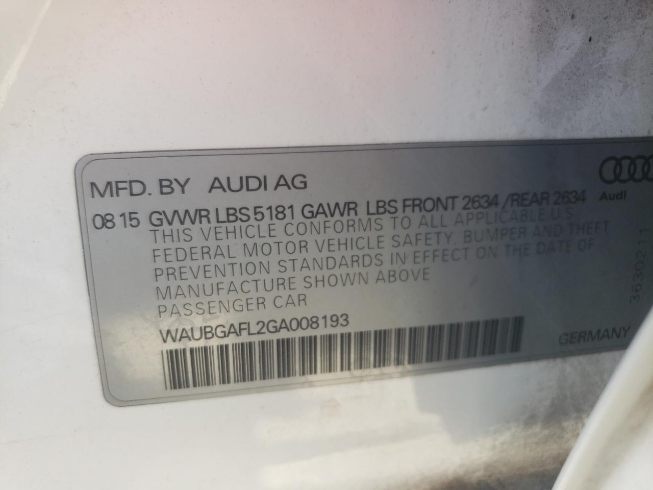 Photo 10 from auction – 2016 AUDI S4 PREMIUM with VIN WAUBGAFL2GA008193