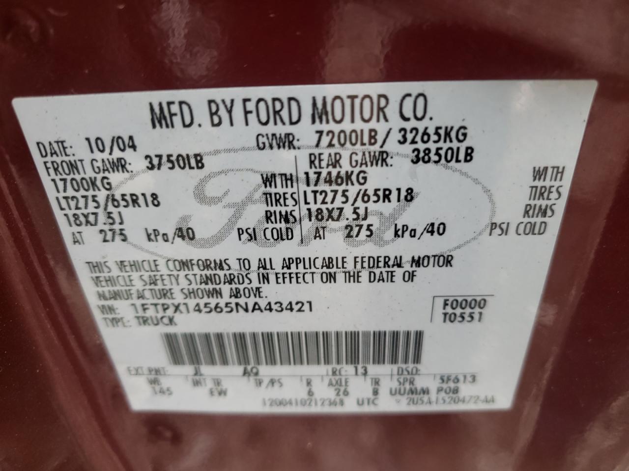 Photo 10 from auction – 2005 FORD F150 with VIN 1FTPX14565NA43421
