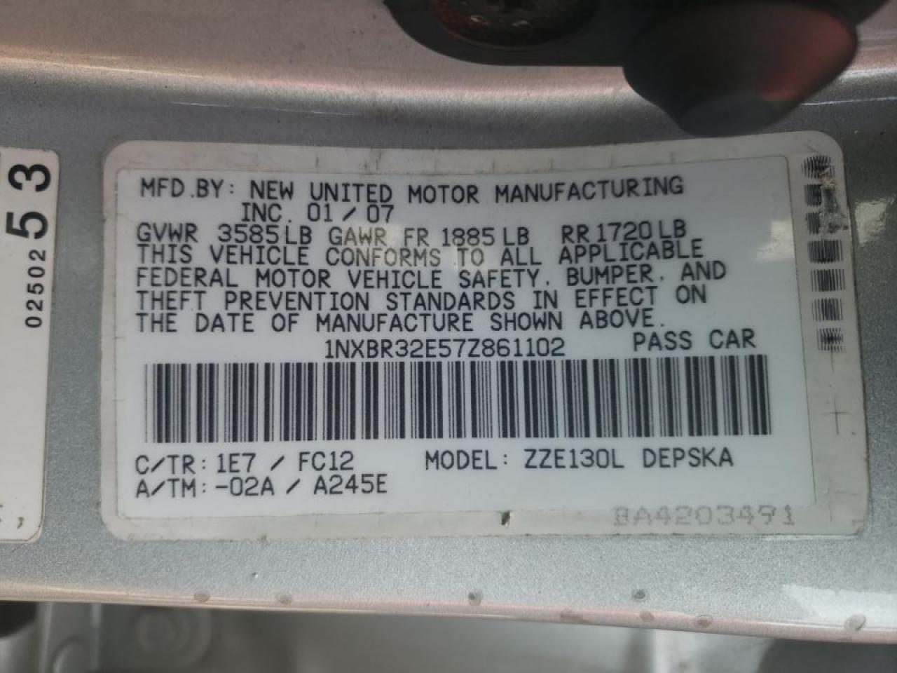 Photo 10 from auction – 2007 TOYOTA COROLLA CE with VIN 1NXBR32E57Z861102