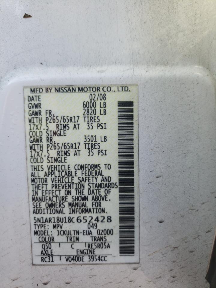 Photo 10 from auction – 2008 NISSAN PATHFINDER with VIN 5N1AR18U18C652428