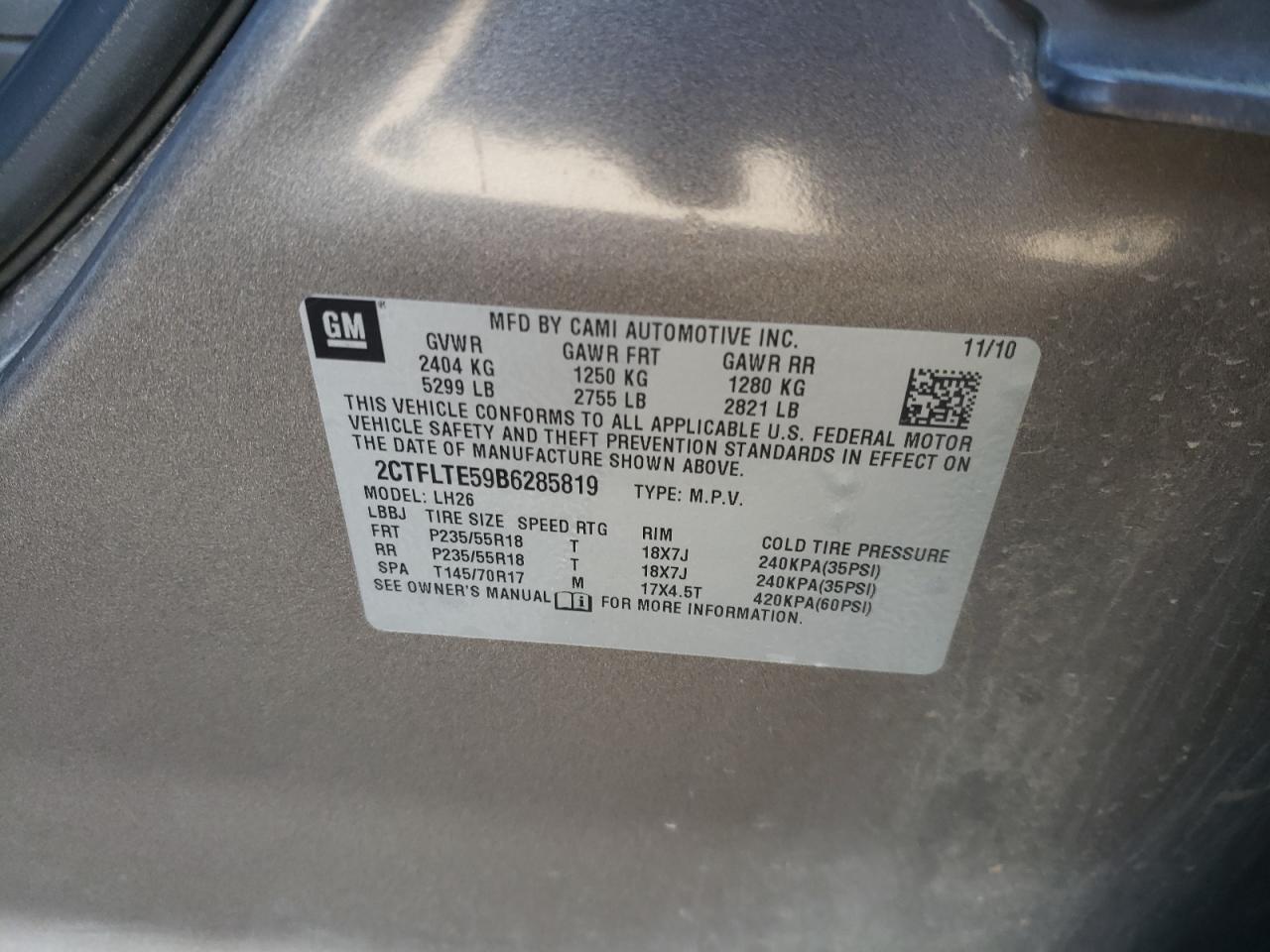 Photo 10 from auction – 2011 GMC TERRAIN SL with VIN 2CTFLTE59B6285819