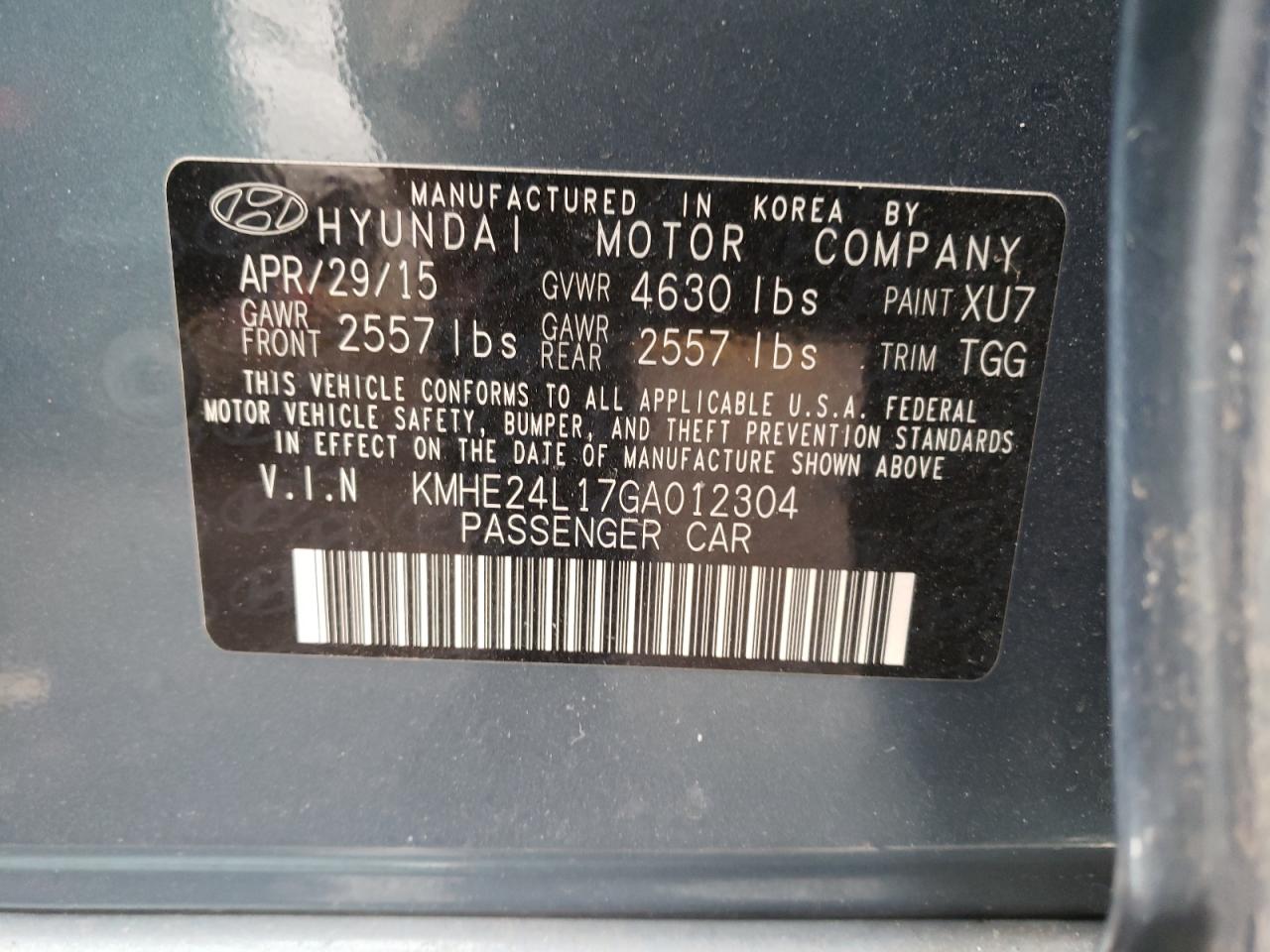Photo 10 from auction – 2016 HYUNDAI SONATA HYB with VIN KMHE24L17GA012304
