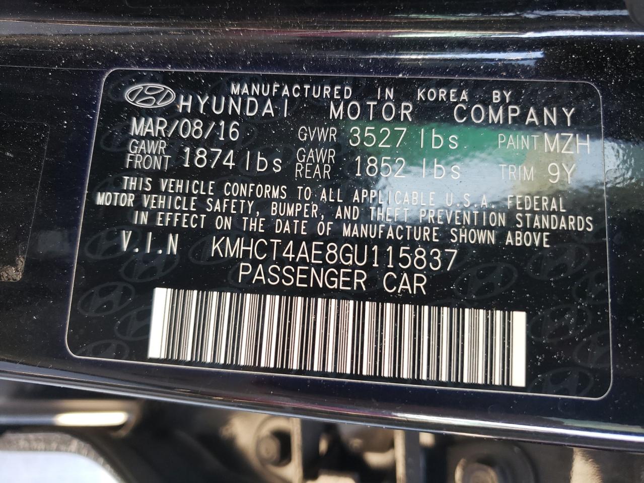 Photo 10 from auction – 2016 HYUNDAI ACCENT SE with VIN KMHCT4AE8GU115837