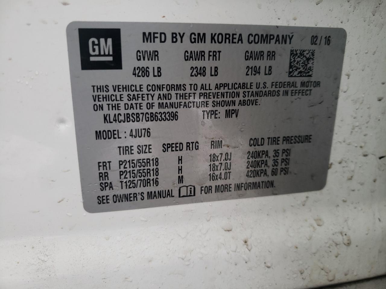 Photo 10 from auction – 2016 BUICK ENCORE CON with VIN KL4CJBSB7GB633396