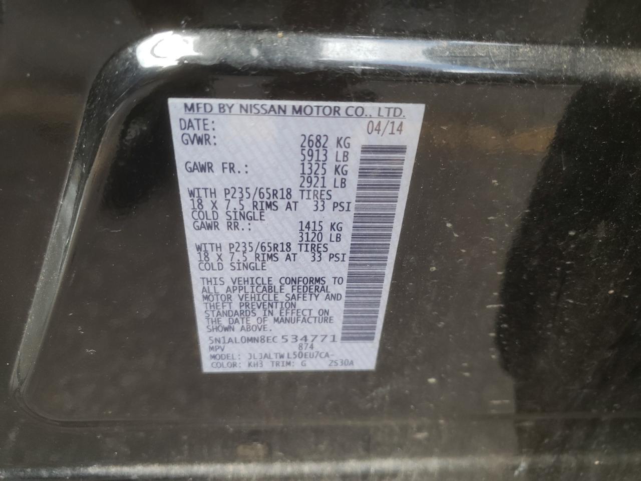Photo 10 from auction – 2014 INFINITI QX60 with VIN 5N1AL0MN8EC534771