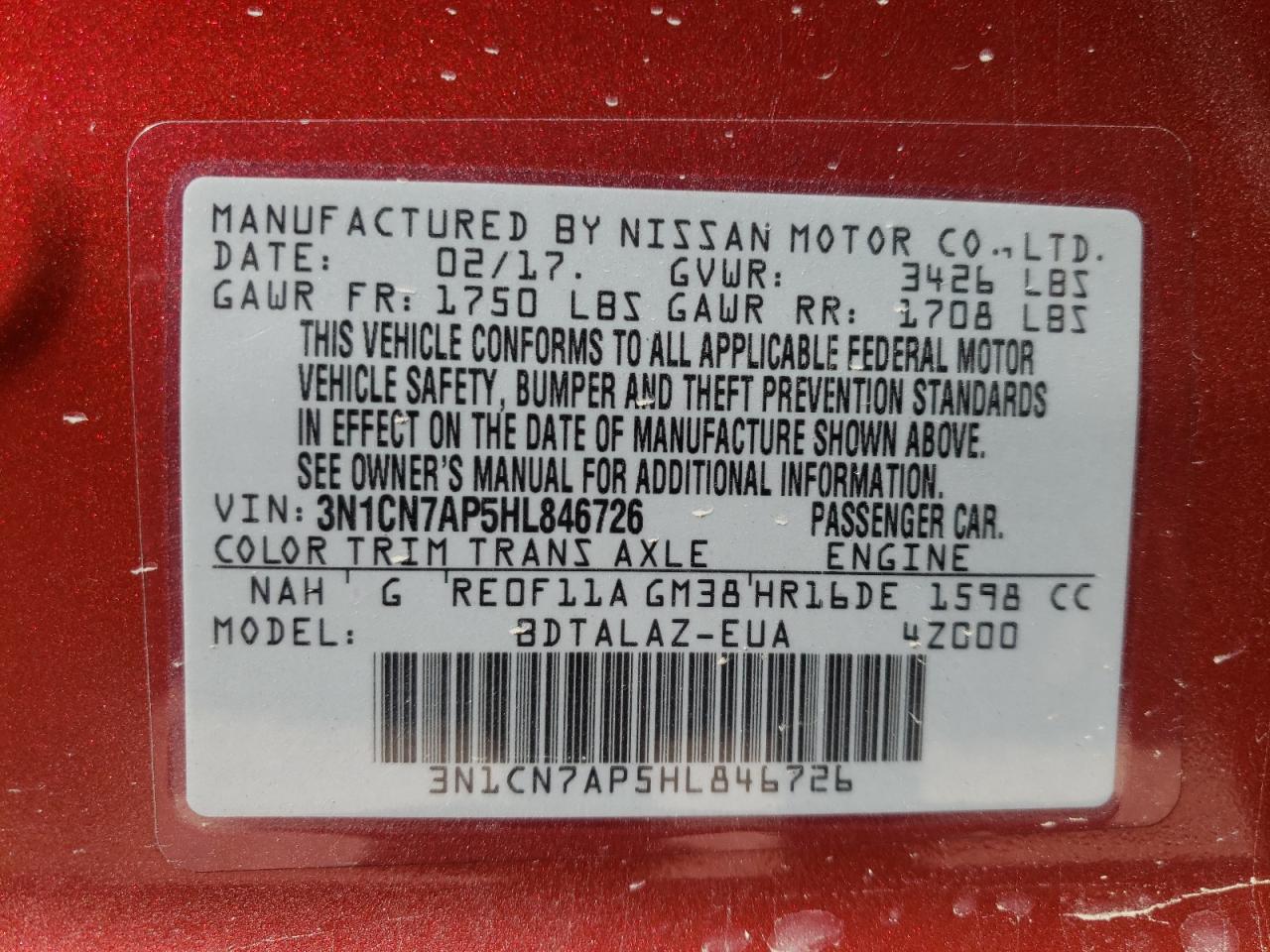 Photo 10 from auction – 2017 NISSAN VERSA S with VIN 3N1CN7AP5HL846726