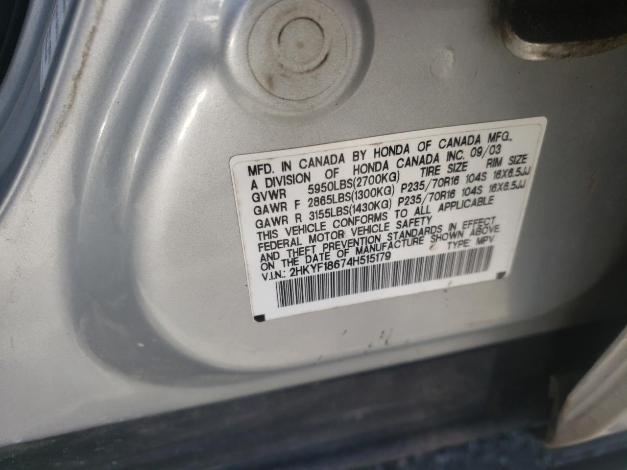 Photo 10 from auction – 2004 HONDA PILOT EXL with VIN 2HKYF18674H515179