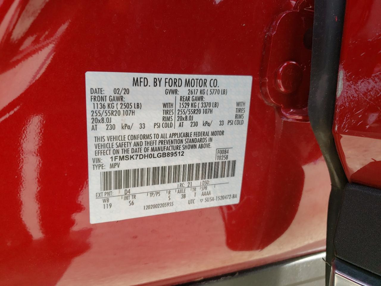 Photo 10 from auction – 2020 FORD EXPLORER X with VIN 1FMSK7DH0LGB89512