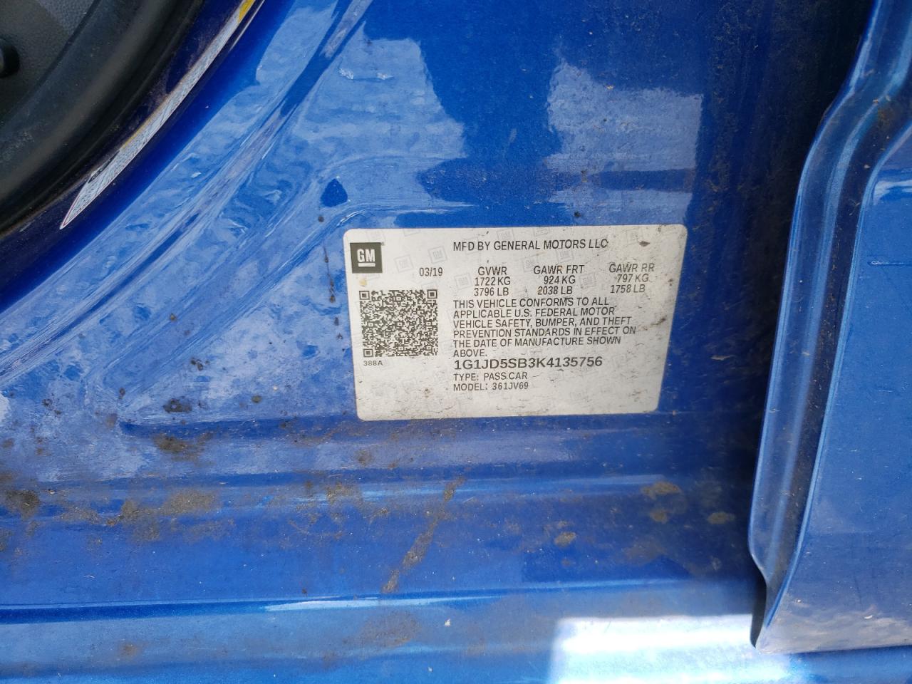 Photo 10 from auction – 2019 CHEVROLET SONIC LT with VIN 1G1JD5SB3K4135756