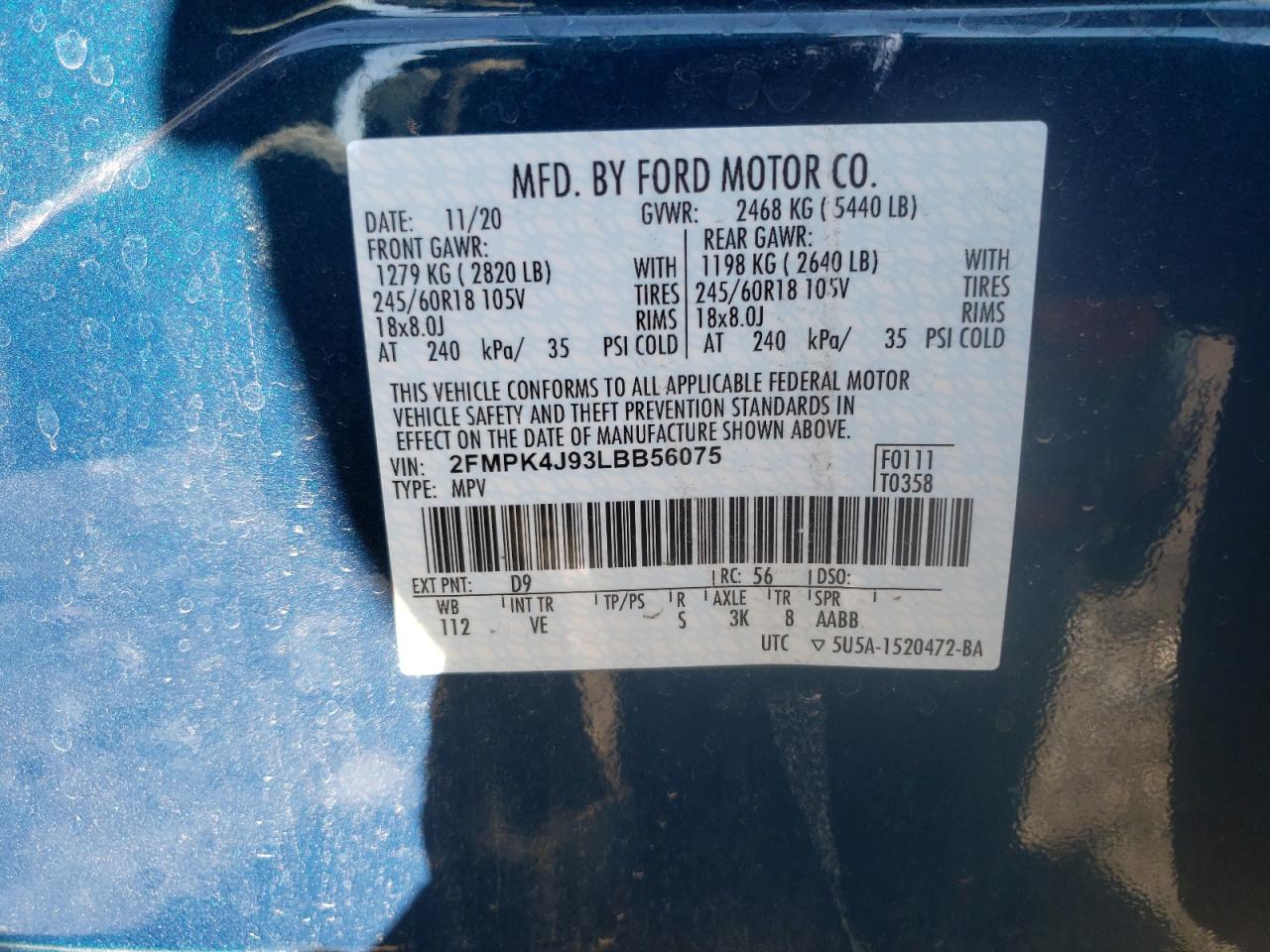 Photo 10 from auction – 2020 FORD EDGE SEL with VIN 2FMPK4J93LBB56075