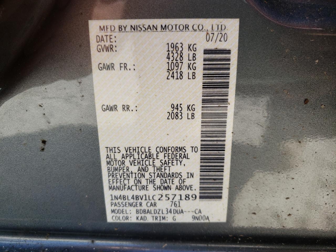 Photo 10 from auction – 2020 NISSAN ALTIMA S with VIN 1N4BL4BV1LC257189