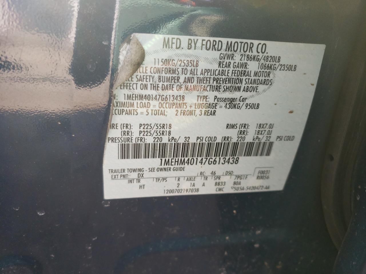 Photo 10 from auction – 2007 MERCURY MONTEGO LU with VIN 1MEHM40147G613438