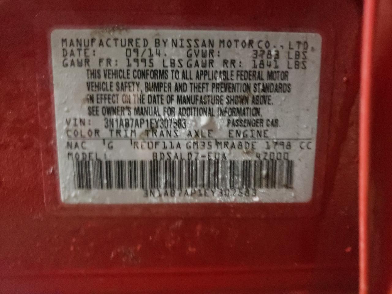 Photo 10 from auction – 2014 NISSAN SENTRA S with VIN 3N1AB7AP1EY307583