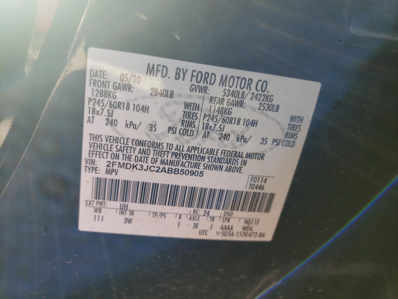 Photo 10 from auction – 2010 FORD EDGE SEL with VIN 2FMDK3JC2ABB50905