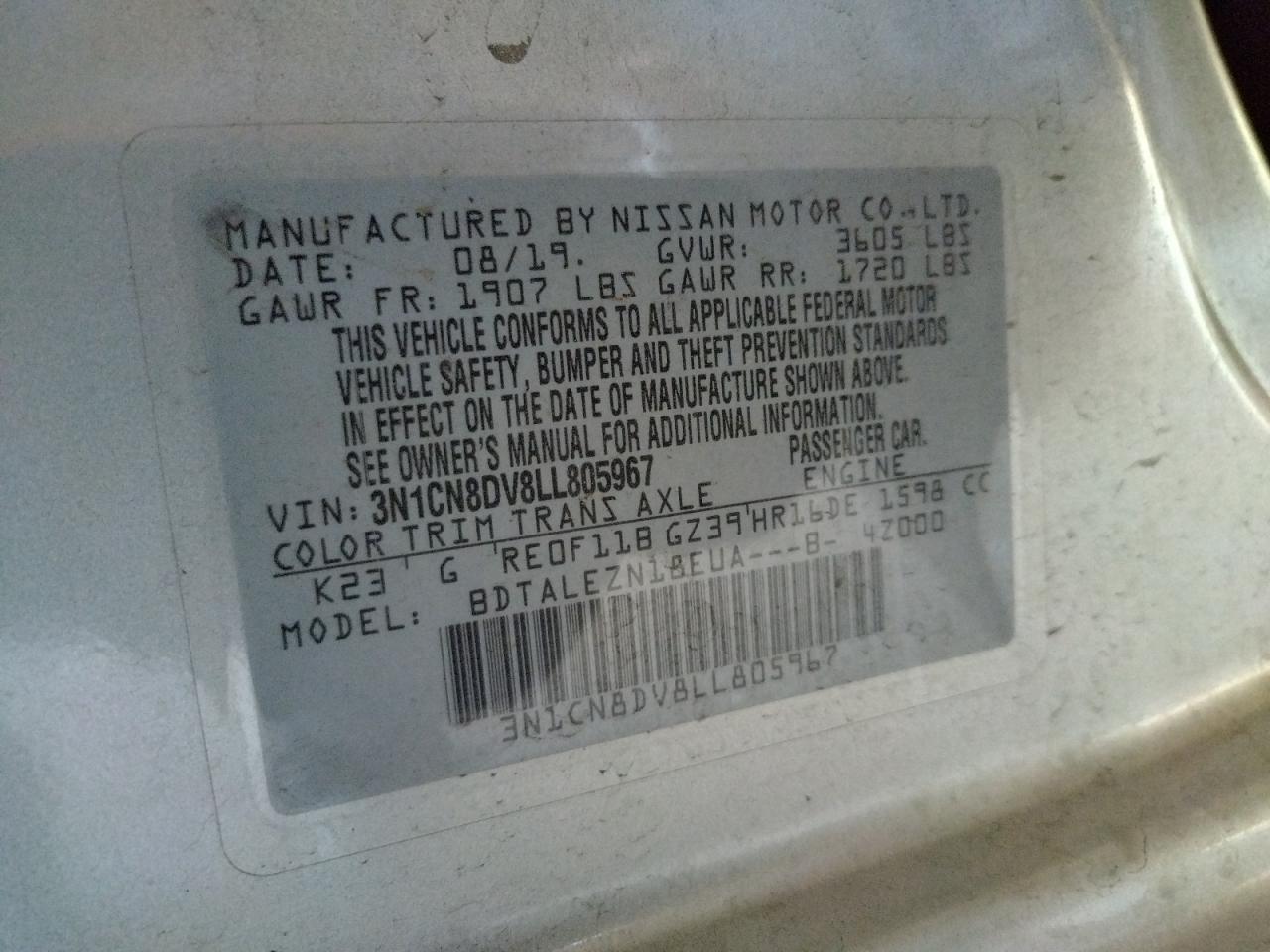 Photo 10 from auction – 2020 NISSAN VERSA S with VIN 3N1CN8DV8LL805967