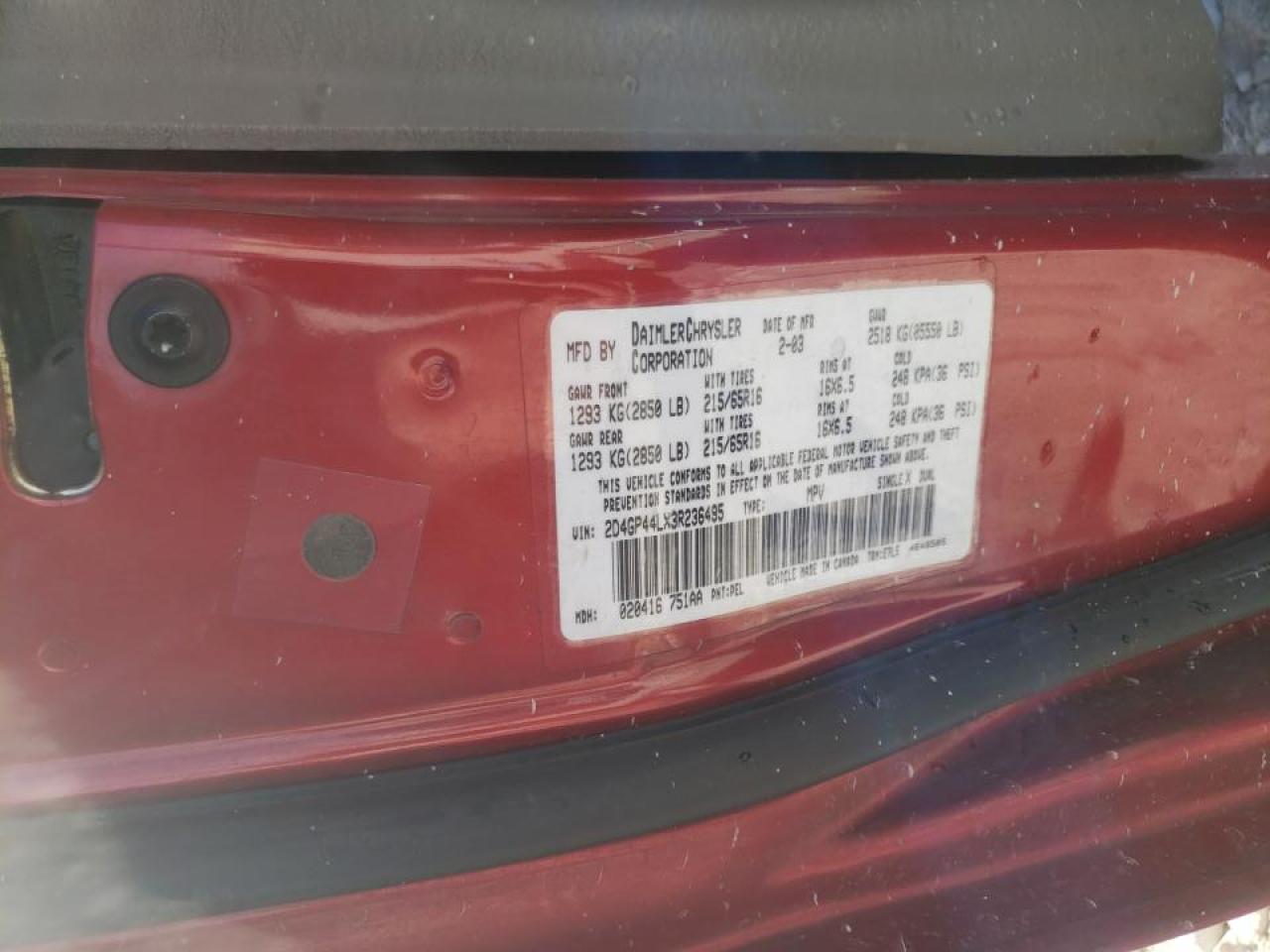 Photo 10 from auction – 2003 DODGE GRAND CARA with VIN 2D4GP44LX3R236495