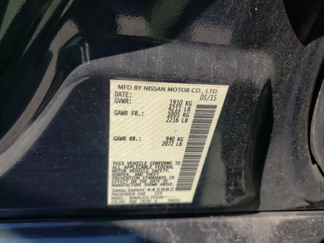 Photo 10 from auction – 2015 NISSAN ALTIMA 2.5 with VIN 1N4AL3APXFC445982