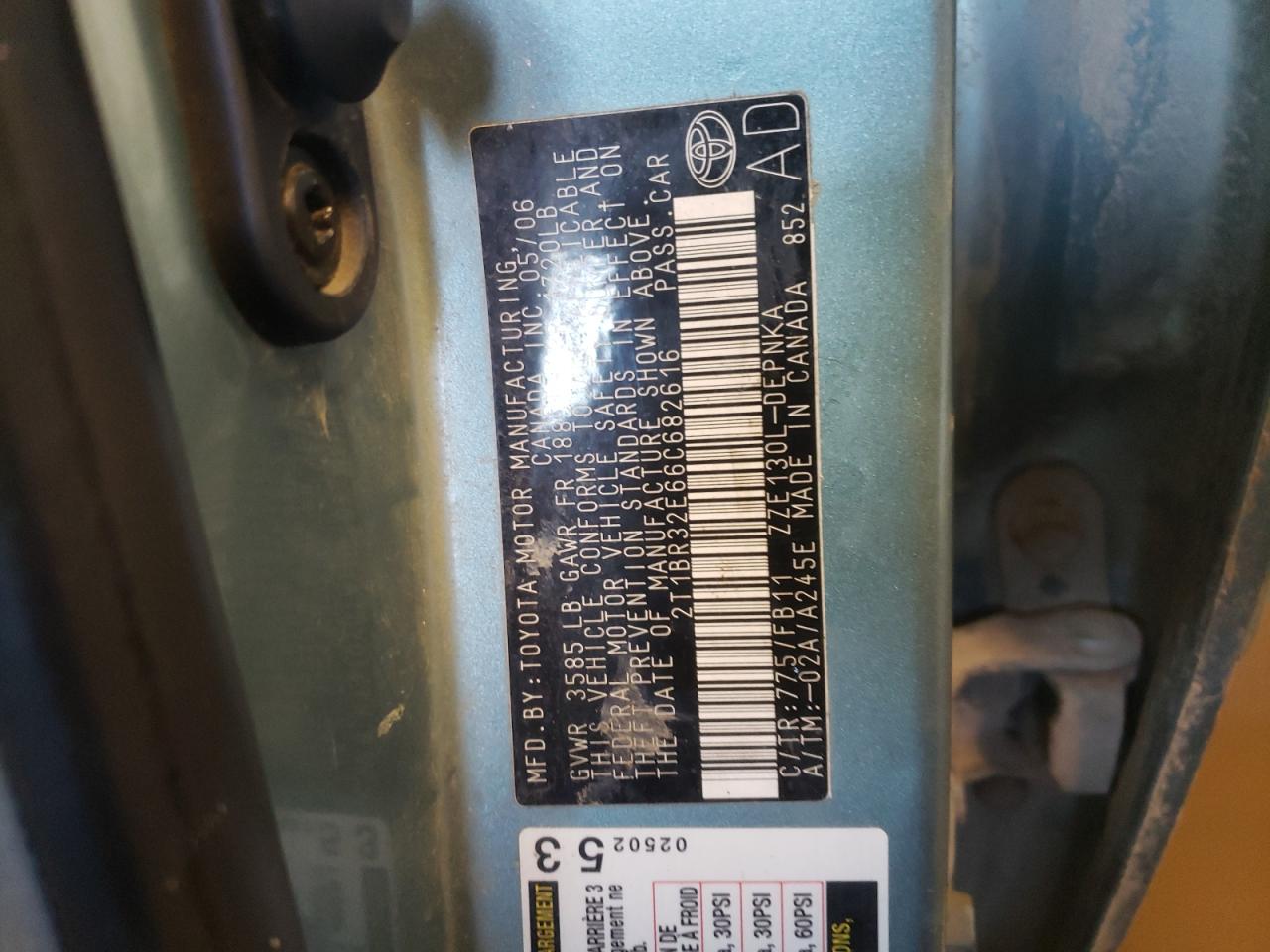 Foto 10 de la subasta – 2006 TOYOTA COROLLA con VIN 2T1BR32E66C682616