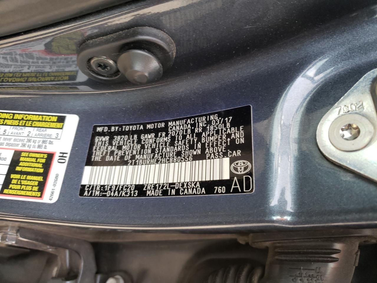 Photo 10 from auction – 2017 TOYOTA COROLLA L with VIN 2T1BURHE2HC880556