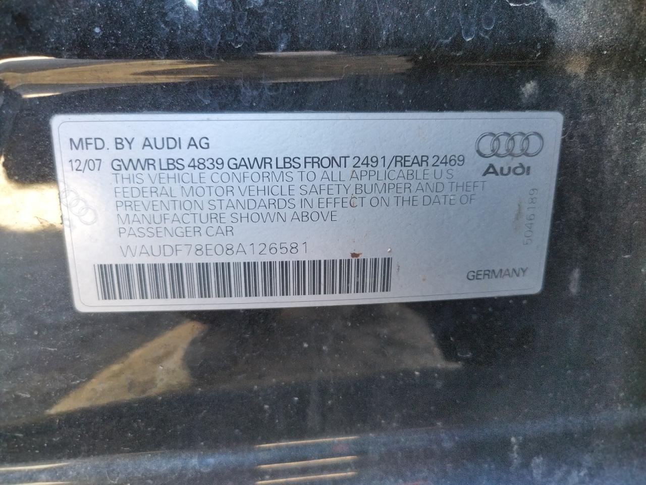 Foto 10 de la subasta – 2008 AUDI A4 2.0T QU con VIN WAUDF78E08A126581