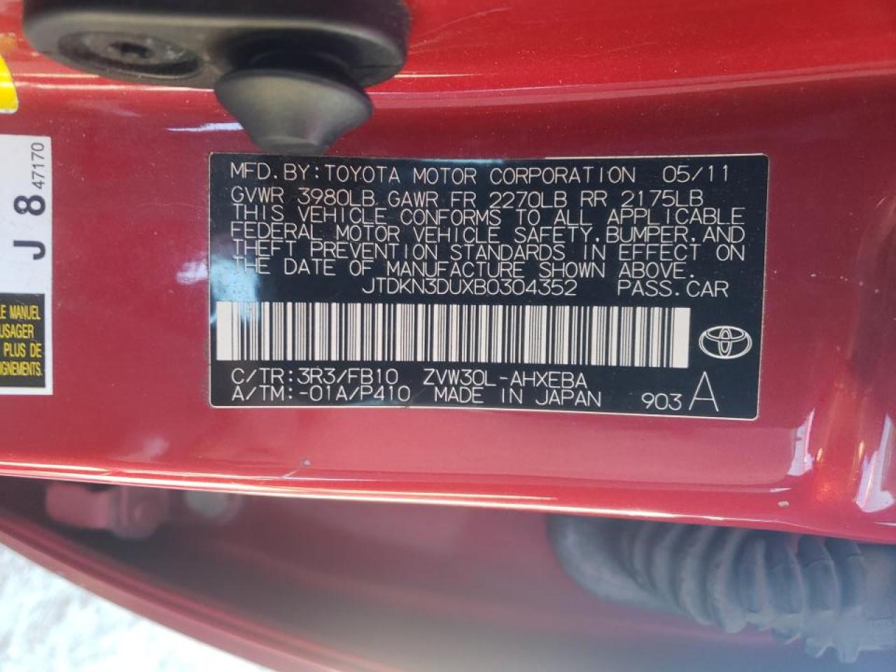 Photo 10 from auction – 2011 TOYOTA PRIUS with VIN JTDKN3DUXB0304352