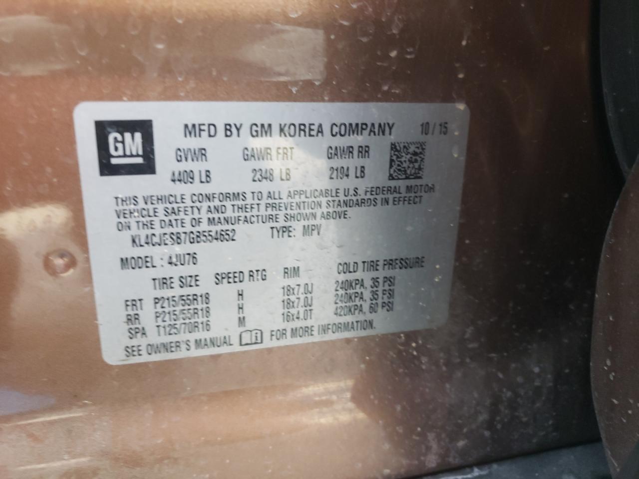 Photo 10 from auction – 2016 BUICK ENCORE with VIN KL4CJESB7GB554652