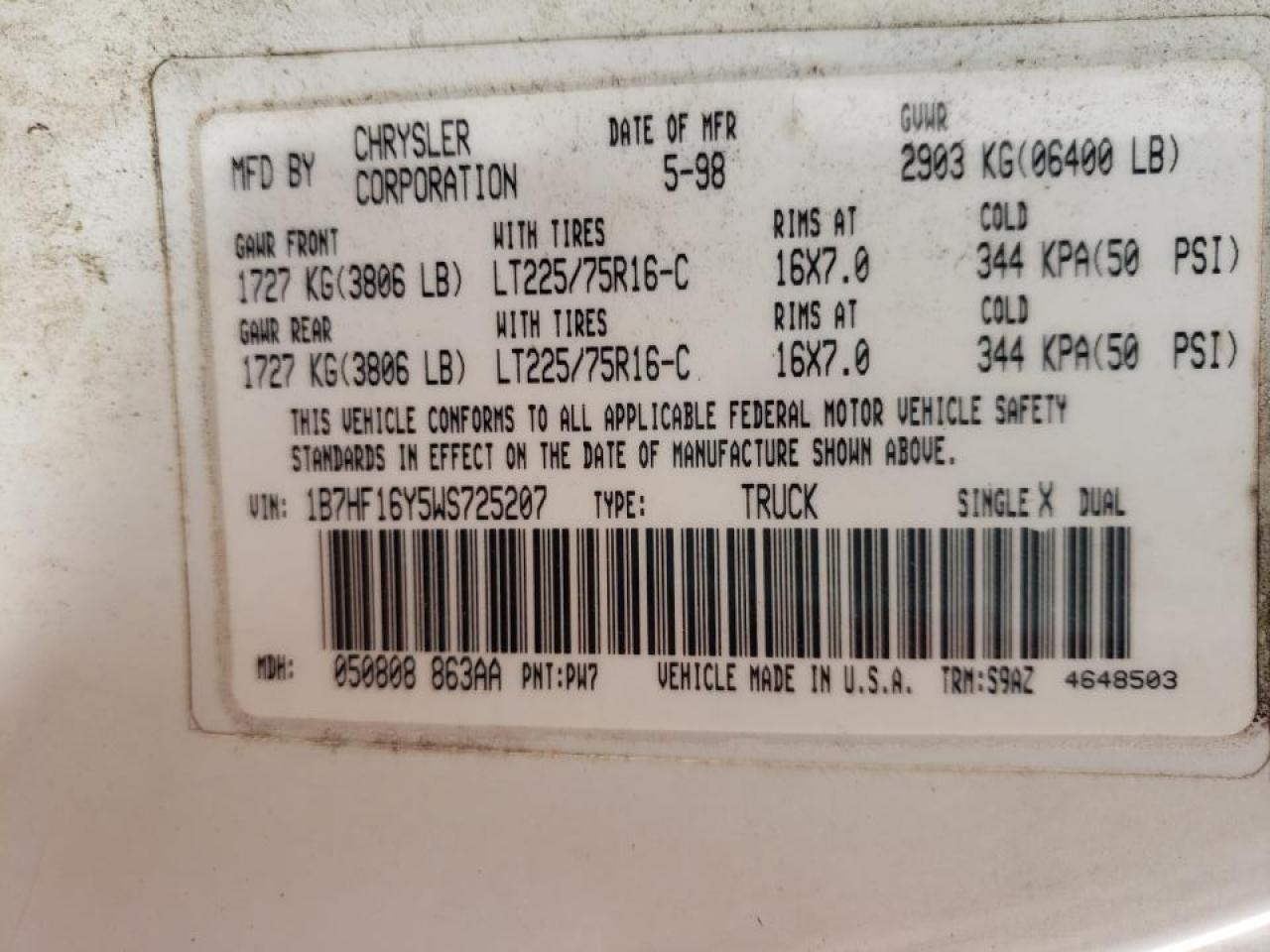 Photo 10 from auction – 1998 DODGE RAM 1500 with VIN 1B7HF16Y5WS725207