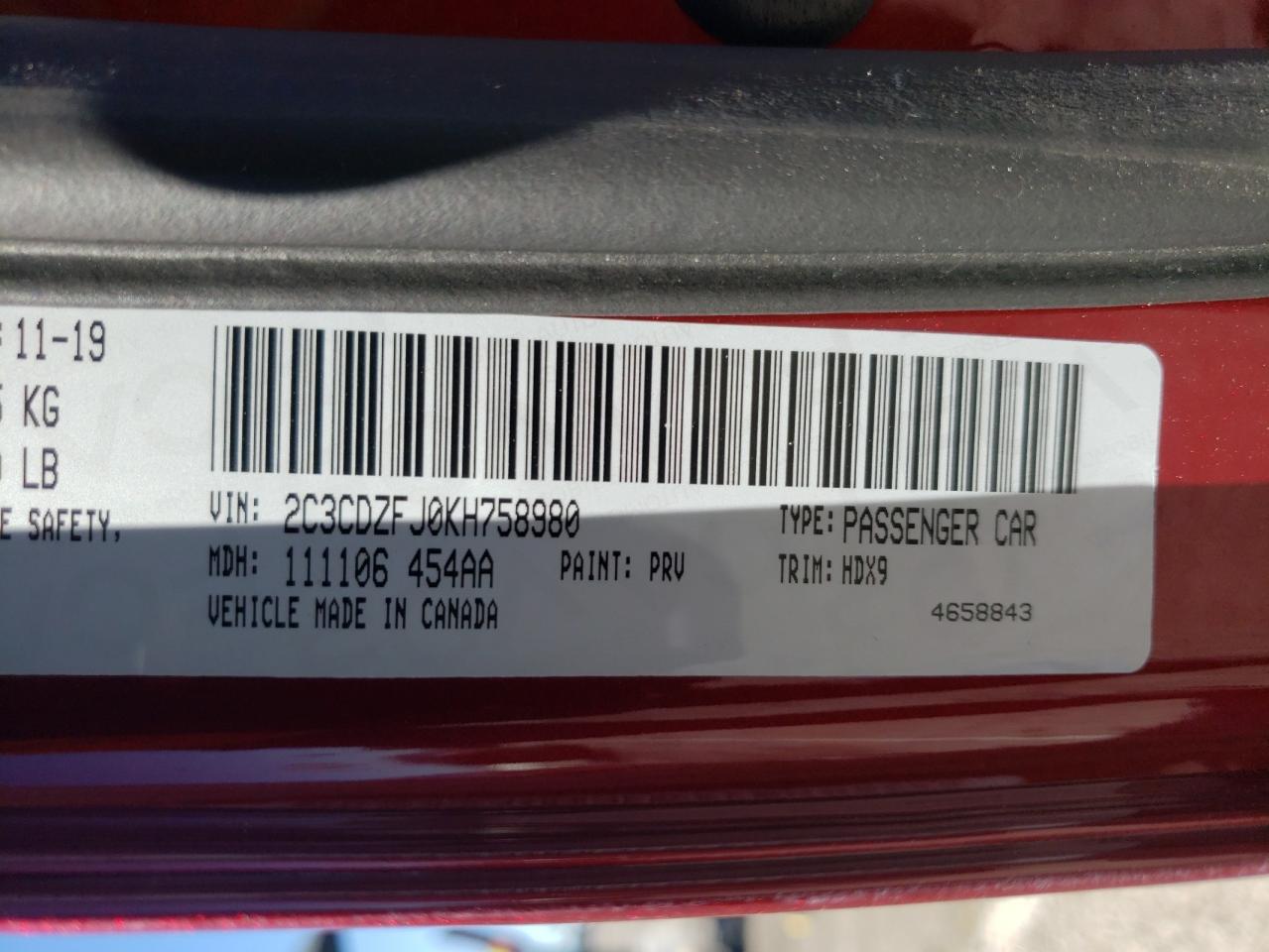 Photo 10 from auction – 2019 DODGE CHALLENGER with VIN 2C3CDZFJ0KH758980