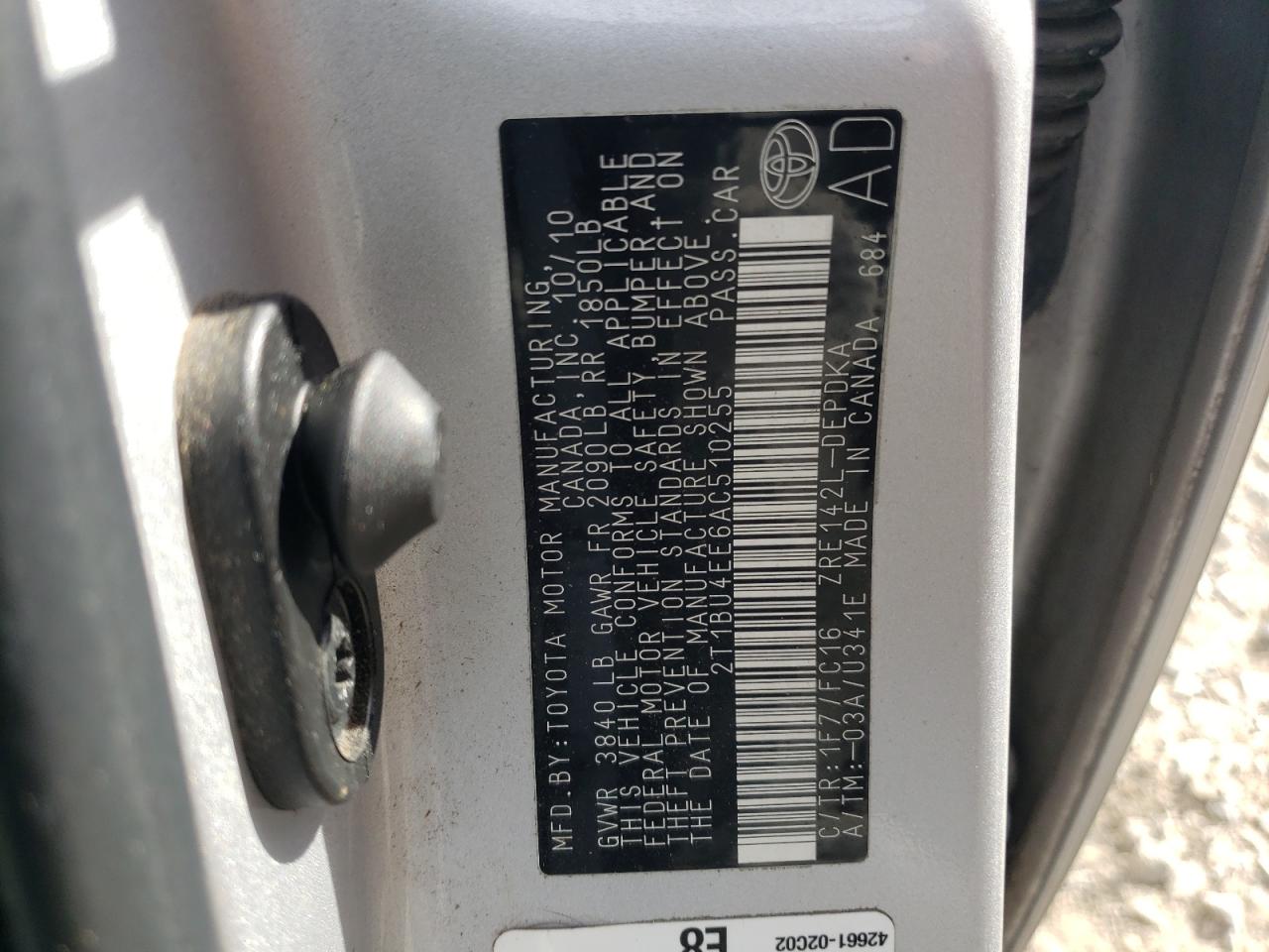 Photo 10 from auction – 2010 TOYOTA COROLLA BA with VIN 2T1BU4EE6AC510255