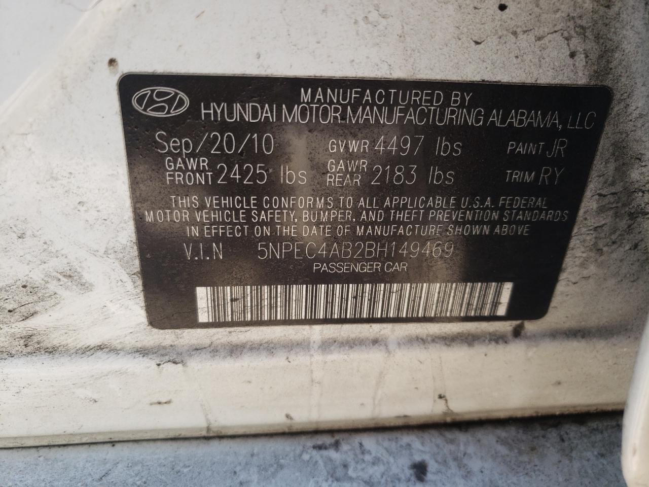 Photo 10 from auction – 2011 HYUNDAI SONATA SE with VIN 5NPEC4AB2BH149469