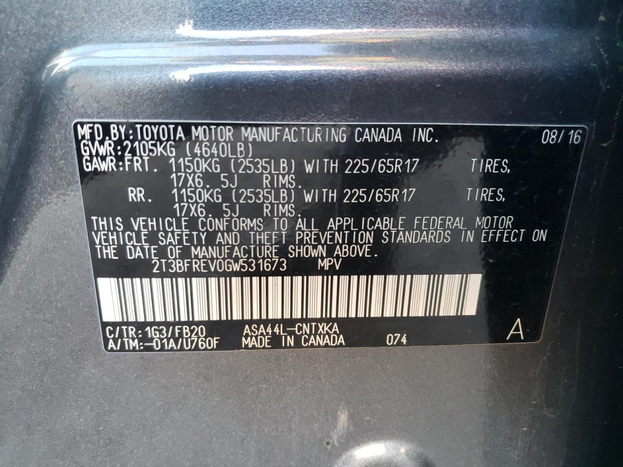 Photo 10 from auction – 2016 TOYOTA RAV4 LE with VIN 2T3BFREV0GW531673