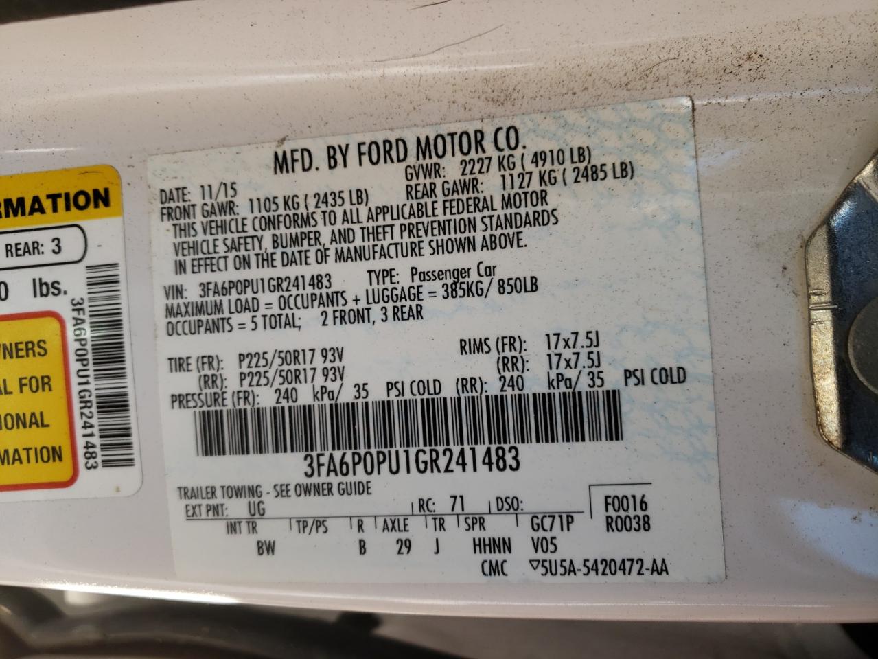Photo 10 from auction – 2016 FORD FUSION SE with VIN 3FA6P0PU1GR241483